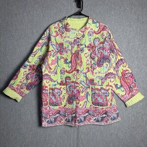 La Cera Jacket Size XL Quilted Paisley Lime Green Colorful Artsy Boho Reversible